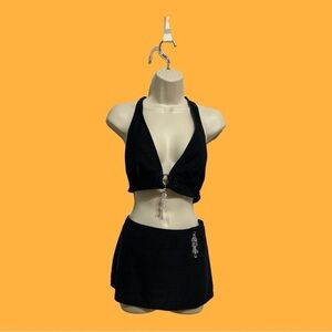 Marigo 2PC Swim Suit Halter Top Skirt Bottom Black Dangling Gems Size 14